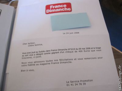 un chèque de 400 euros, avec France Dimanche